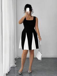 Elenzga Damen Mode Neu V-Ausschnitt rückenfreies Kontrastfarben Bodycon Kleid, sexy tiefer Ausschnitt ärmelloses hoch elastisches figurbetontes Kleid mit geschmückter Taille in großen Größen, geeignet für Geburtstag, Club, Business Lässig, Off-Shoulder Party, Sommer