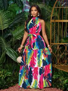 SOLERSUN Rochie de damă la modă cu imprimeu floral, maxi fluidă, cu curea, pentru vacanță - Roz fierbinte - Vizualizare 6