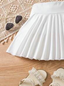 SHEIN Girl High Waist Solid Elastic Sports Skort, Side Pockets Design, Anti-Exposure, Suitable For Summer Outdoor Sports, Great Gift - White - View 6