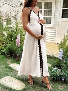 SHEIN Vacation Casual Comfy Spaghetti Strap Ruffle Patchwork Open Back Maxi Dress - Apricot - View 6