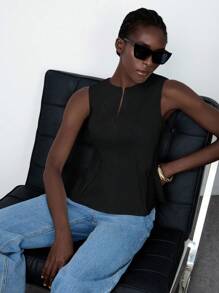 Lumivelle Women's Sleeveless V-Neck Cropped Racerback Tank Top, Casual & Commuting, Solid Color - Black - View 3