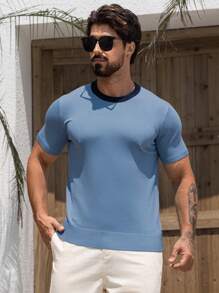 DAZY 男士休闲圆领撞色边饰短袖针织上衣，夏季 - 藍色 - 查看 8