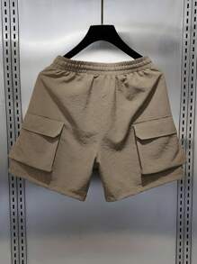 Manfinity Homme Men's Casual Solid Color Drawstring Waist Cargo Shorts, Summer Men Cargo Shorts Shorts For Men - Coffee Brown - View 3