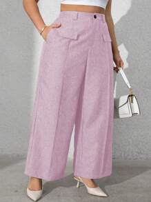 Vionelle Plus Size Women's Solid Color Front Button Faux Pocket Casual Pants Graduation,Back To School,Teacher Outfits For Women - Lilac Purple - View 4