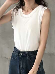 FRIFUL Women's Frill Trim Color Block Cropped Cami Tank, Casual Sleeveless Top For Layering, Y2K Style - White - View 5