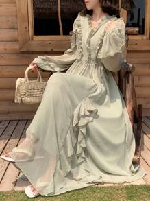 DAZY SHEIN X Hannahelzahed 女式 V 领荷叶边网眼拼接收腰 A 字中长连衣裙，甜美自然，适合女士外出，秋季女装生日女式休闲连衣裙女式生日装女式秋季服装女装 - 綠色 - 查看 2