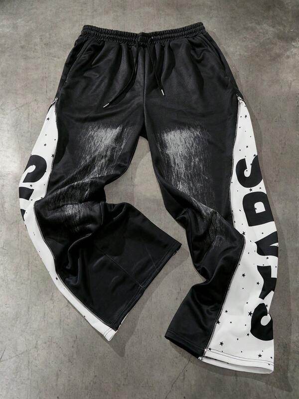 Manfinity Streetrush Pantalones deportivos casuales con cremallera y estampado de letra y estrella, de 2 en 1, en color negro y blanco, para uso diario, exterior y todo a juego, con buen tejido elástico, regalo ideal para esposo o novio
