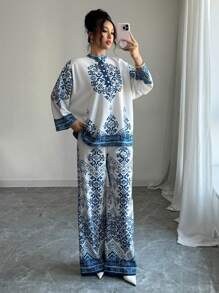 Selianne 1pc Women 3/4 Sleeve Floral Print Blouse & 1pc Women Elastic Waist Printed Pants Set