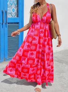 SHEIN VCAY Plus Size Women Red Summer Boho Satin Vacation Holiday Palm Tree Print Crisscross Back Casual Dress,Floral Derby Tropical Beach Graduation Outfits - Multicolor - View 5