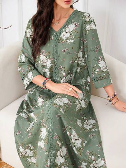 Lacomfia Women's Casual Floral Print V-Neck 3/4 Sleeve Loose Regular Arabian Dress, Spring/Summer, Modest
