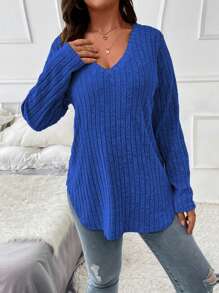 EMERY ROSE Plus Ribbed Knit V Neck Tee Fall Cloth For Women - Royal Blue - View 5