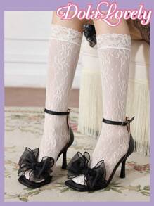 Dola Lovely Women's New Fashion Cute Lolita Bow Decor Pearls Silk Ribbon Wedding Party White Chunky High Heel Sandals - Black - View 1