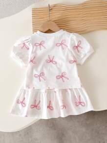SHEIN Playful Pals 女婴可爱全身蝴蝶印花粉色短袖上衣和配套蝴蝶印花针织裙，夏季韩版 - 白色 - 查看 2