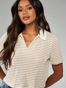 MISSGUIDED Y2K Retro Collared Knit Rugby Top Stripe Pattern Short Sleeve Polo Shirt Preppy Style Campus Fashion Spring Summer Casual - Multicolor - View 5