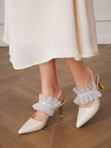 CUCCOO HITCHD Pointed Toe Faux Pearl Strap Backless High Heel Ladies' Pumps For Christmas And New Year Holiday Vibe Fall And Winter - White - View 5