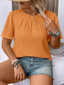 SHEIN LUNE Plus Size Simple Casual Solid Color Pleated Crew Neck Short Sleeve Shirt, Summer - Orange - View 3