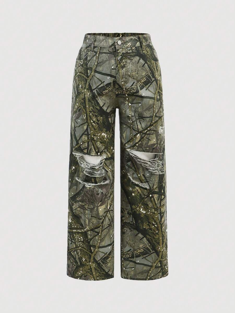 SHEIN MOD Plus Size Women Casual Loose Fit Flare Leg Distressed Blue Jeans - Multicolor - View 1