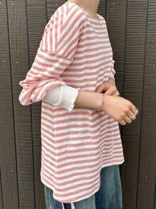 FRIFUL Women's Striped Loose Petite Long Sleeve T-Shirt, Spring Casual Outfit Vacation Striped Top