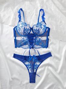 2 piezas Conjunto de lencería transparente con bordado floral sexy para mujeres