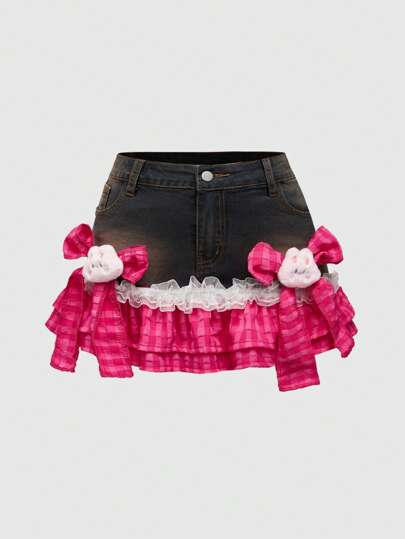 Kawaii Plus Size Bow Patchwork Denim Mini Skirt