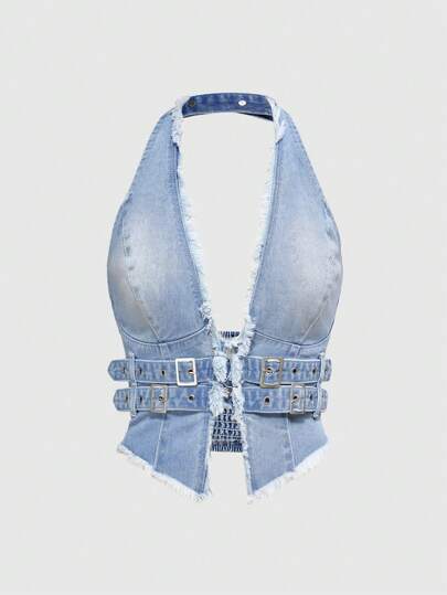 Hippie سترة دنيم جميلة بظهر مفتوح وبلا أكمام للنساء، صيفي