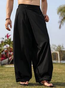 Manfinity Nomadique Men's Solid Color Asymmetric Front Design Wide Leg Casual Pants , Baggy Pants Men Pants , Men Wide Leg Pants , Men Baggy Pants , Men Pants Loose Fit