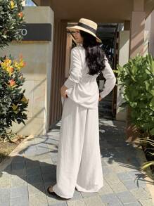 DAZY Elegant Asymmetric Shirt Top & Wide Leg Pants 2Pcs Suit For Women - White - View 4