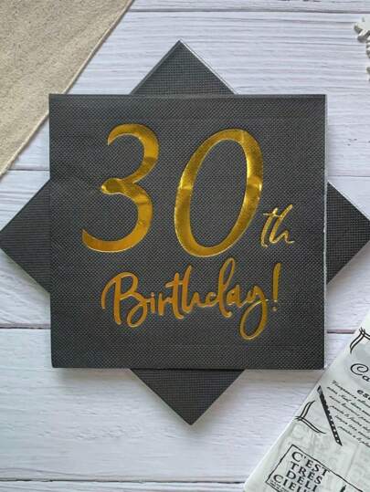 20pcs Black & Gold Printed 30th Birthday Party Napkins, 6.5*6.5inch, Made Of Original Pulp, Suitable For Hotel Restaurant Bar Disposable Tableware Napkin Valentine's Day, Valentines Wedding, Birthday,Fall Decor,Christmas Decorations,Halloween Decor, Back To School