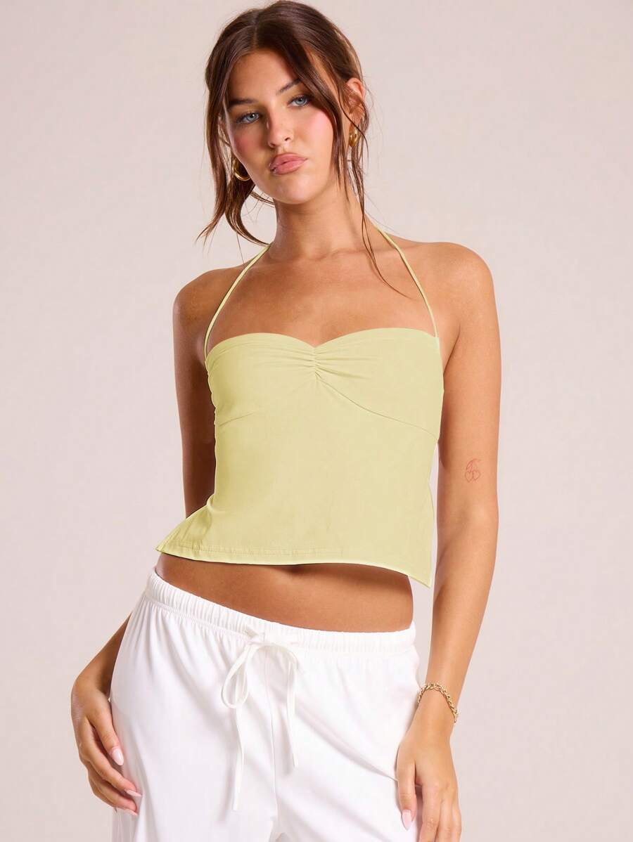 MUSERA Halter Neck Ruched Bust Front Top Spring Summer Casual Fall Carnival Festival Holiday - Cream - View 1