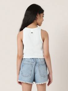 SUMWON Top sin mangas con patrón de moño, de canalé, casual de verano, de atletismo, danza, gimnasio y yoga con bordado delicado para niñas. Camiseta de entrenamiento atlético juvenil para entrenamientos.