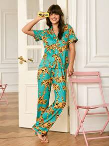 Leopard Print Lapel Top & Pants Pajama Set For Ladies - Multicolor - View 1