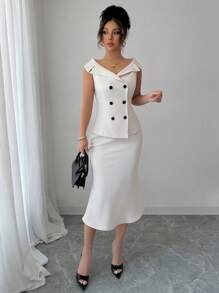 Elenzga Elegant Luxury Quality Double-Breasted Vest & Skirt Women's Suit Set - Beige - View 1