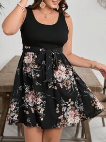 SHEIN VCAY Plus Size Women Vacation Floral Print Sleeveless Tie Waist Midi Dress,Summer Outfits For Women