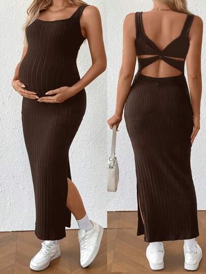 SHEIN Pregnant Women Summer Casual Solid Color Twist Back Sleeveless Bodycon Dress Maternity Dress