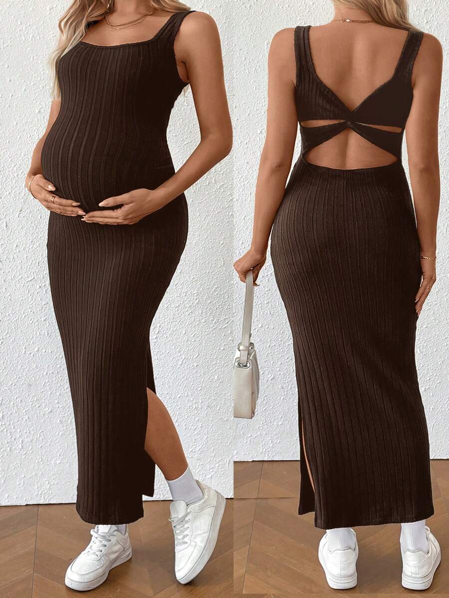 SHEIN Đầm ôm body không tay màu trơn đơn giản mùa hè cho bà bầu - Cà phê nâu - Xem 1