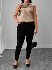 SHEIN Unity Plus Size Women's Elegant Vacation Style One-Shoulder Double Ruffle Trim Blouse, Spring/Summer - Apricot - View 4