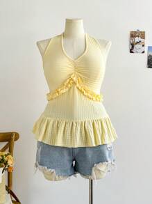 Soleia Plus Size Women Spring Yellow Halter Tie-Up A-Line Top, Suitable For Tea Time, Countryside, Beach, Romantic Understyle - Yellow - View 3