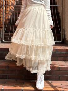 FRIFUL 女士蓝色格子蓬蓬薄纱裙，甜美高腰娇小版型，春夏款 - 杏色 - 查看 3