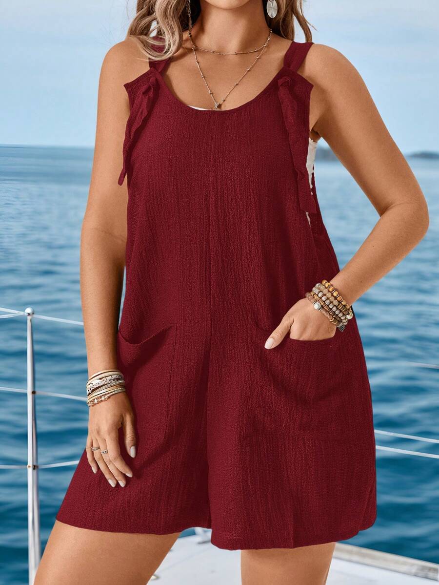 SHEIN LUNE Plus Size Women's Textured Bubble Wrinkle Textured Casual Fashion Adjustable Strap Jumpsuit With Dual Pockets - Burgundy - View 1