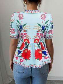 Elenzga Camisa informal con estampado floral y cordón para mujer de vacaciones