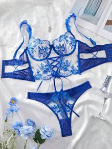 2 piezas Conjunto de lencería transparente con bordado floral sexy para mujeres