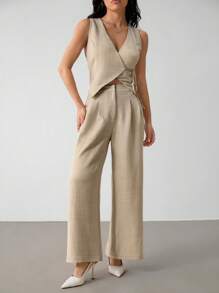 SHEIN PETITE Bộ vest và quần dài màu trơn dành cho nữ, thời trang cho mùa hè và mùa thu/đông - Màu be - Xem 6