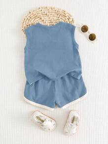 Cozy Pixies 2pcs Baby Boy Cartoon Bear Pattern Splice Round Neck Sleeveless Top & Elastic Waist Shorts Set