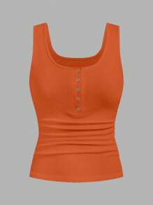 Slaydiva 2pcs Black & Orange Buttoned Criss-Cross Back Pleated Summer Tank Tops For Women Back To School - Multicolor - View 5