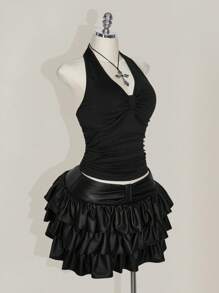 SHEIN ICON Top corto halter fruncido negro con espalda descubierta y detalle de lazo, apto para vacaciones, festivales de música, estilo punk, talla grande