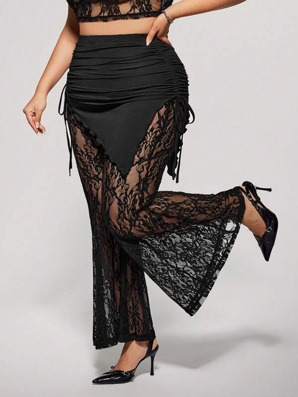 SHEIN ICON Plus Size Elegant Black Lace Knitted Fabric Long Pants With Ruched Drawstring Detail