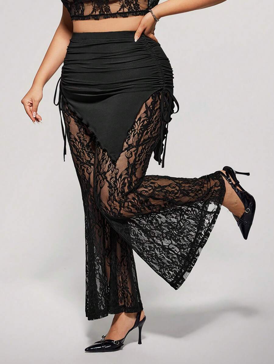 SHEIN ICON Plus Size Elegant Black Lace Knitted Fabric Long Pants With Ruched Drawstring Detail - Black - View 1