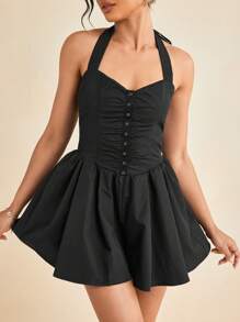 Amiko Black Halter Straps Ruched Snap Front Flared Short Romper With Smocking Back Jumpsuit - Black - View 7