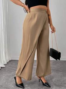 Flirla Plus Size Women's Business Casual Wide Leg Pants With Button Decoration, Suitable For Commuting, Spring/Summer Fall Cloth For Women - Khaki - View 4