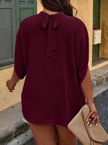 EMERY ROSE Camisa casual de mujer talla grande de unicolor con cuello alto y mangas tipo murciélago - Burdeos - Ver 2